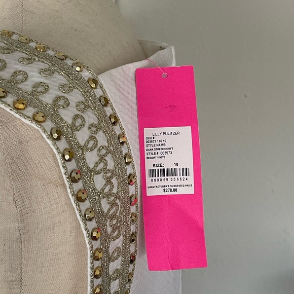 Lily Pulitzer Dana Shift Dress. Elegant White Dress with Gold Accents - Picture 5 of 6